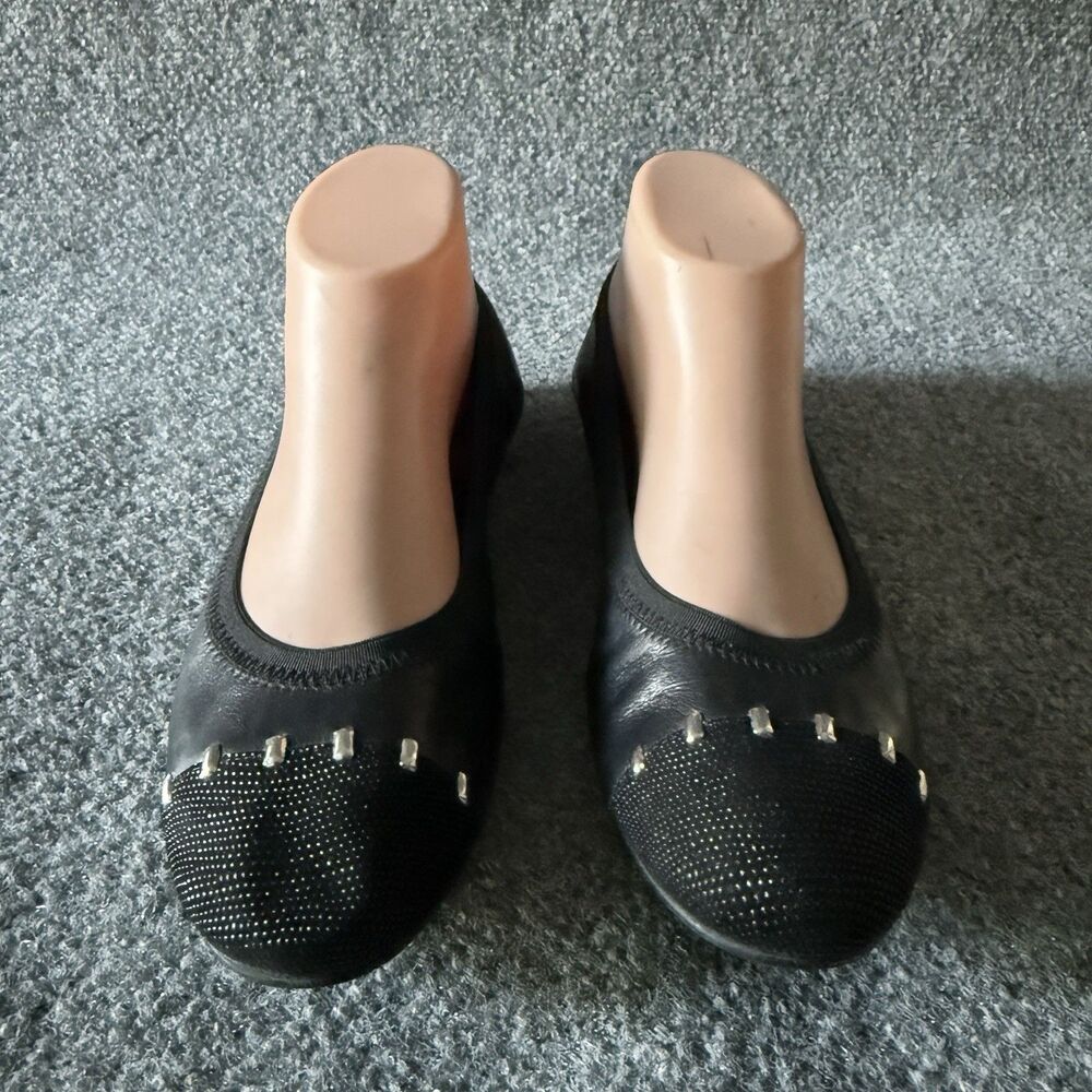 Stuart Weitzman Black Studded Cap Toe Slip-On Ballet Flat Leather Women's 7.5M - Picture 2 of 11